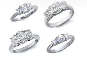 modern three stone round brilliant diamond wedding set