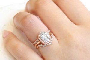 Oval diamond ring stack set with halo setting